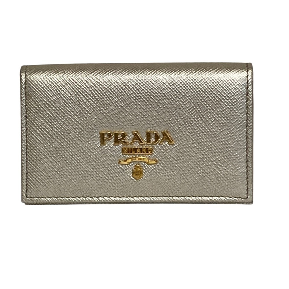 PRADA logo Saffiano leather business card holder/card case, gold color, for m...